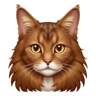 Cinematic Brown Maine Coon Cat Portrait Emoji, Elegant and alert, sleek brown and gold tones with hints of deep auburn, Simplified yet sharp features, highly detailed, glowing with a warm, confident glow, high shine, intelligent and poised with an air of wisdom, stylized with an air of grace, focused and attentive with a calm, old soul expression, soft glowing outline, capturing the essence of experience and majesty, so lifelike it feels as though it could spring into motion at any moment, radiating wisdom and grace. sticker