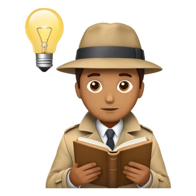 A detective emoji, wearing a classic trench coat and hat, intently reading a book. Above their head, a glowing lightbulb represents a sudden realization—symbolizing research, curiosity, and critical thinking. The book’s cover subtly features the silhouette of a person  sticker