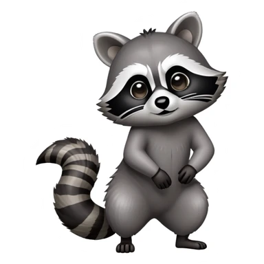 Cinematic-Raccoon-Realistic-Full-Body-Standing on all fours-Emoji – Tail flicking lazily, head tilted dramatically, thick grey fur with a signature black mask, sharp and alert ears, simplified yet realistic focused features, highly detailed, glowing with an almost sarcastic glow. sticker