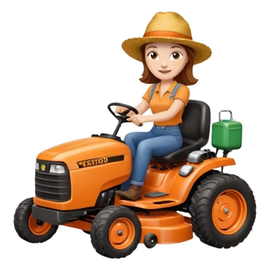 White woman with brown hair, without glasses wearing a straw hat, on old orange ride on lawn mower, holding a beer with one hand and holding the steering wheel with the other hand. Woman is smiling. Lawn mower has “Westwood” written on the engine cover sticker