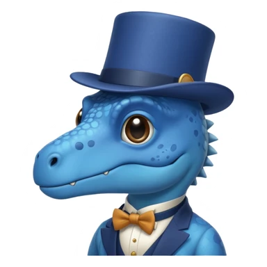 A flat blue dinosaur like 🦕 with monocle and tophat sticker