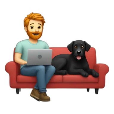 a man with a red beard sits working on a laptop on the sofa with a black Labrador sticker