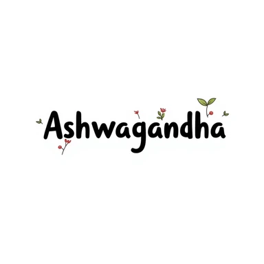 The word "Ashwagandha" hand-drawn in white text with a dark background and just a few colorful accents. Simple doodle style with minimal decoration. sticker