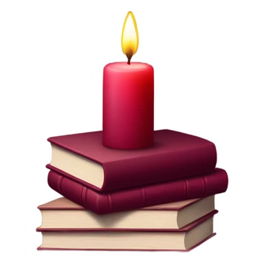 A maroon book stack adorned with ruby-red chrysanthemums and a candle sticker