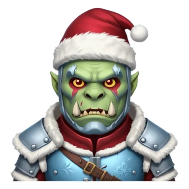 
Fantasy Christmas orc legion soldier icon, iron tundra army theme, heavy winter armor, disciplined brutal look, icy blue steel armor with deep crimson accents, frozen metal texture, cold winter atmosphere, male variant sticker