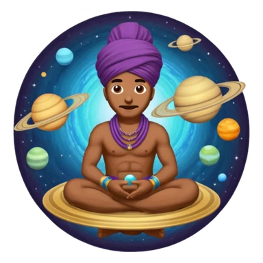 A bold emoji-style illustration with Saturn 🪐 as the dominant element, clearly showing its bright rings. Inside the planet, a stylized man wearing a colorful turban 👳🏾‍♂️, depicted as a mystical or adventurous character, sitting or floating within Saturn, integrated with the planet’s texture. . sticker