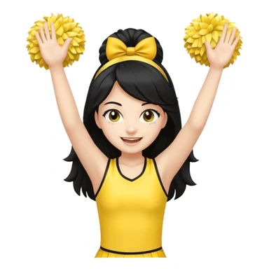 A long black hair teen girl waving pom-poms, eyes sparkling with excitement, yellow cheer leader top sticker