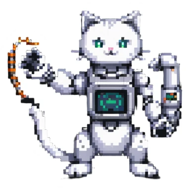 pixel art cat with a robotic arm, retro gaming vibe sticker