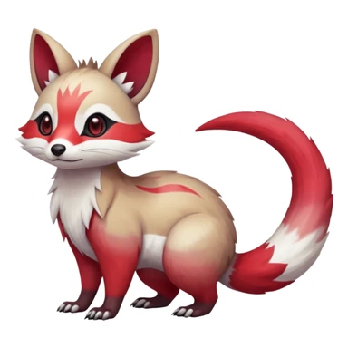 Cool Smooth Asian oriental painted silky soft White white with red gradients, and slit eyes markings beautiful handsome gorgeous aesthetic colorful vibrant Vernid-Trico-Marsupial-Furret-Zangoose-species-Fakemon-creature by LiLaiRa, 4 legs, 1 tail, random markings, (full body) sticker