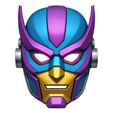 "Stylized sticker of a mechanical superhero mask, urban graffiti style, sharp edges, neon light accents, thick contour lines, high contrast, matte finish, isolated on white." sticker