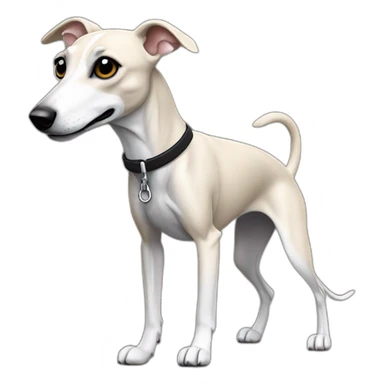 a beige whippet body with one fore-foot up and a leash going out of frame, with a dark snout, black and white mouth patchy and black angel wing like eyes sticker