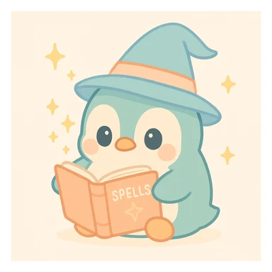 chubby penguin with a wizard hat, reading a spellbook, magical sparkles around sticker