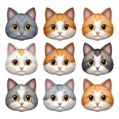6 realistic looking cats with different natural coloured coats, assorted grey and white, greys, calico, brown and white colours etc
 sticker