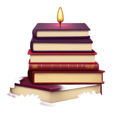 A maroon book stack adorned with ruby-red chrysanthemums and a candle sticker