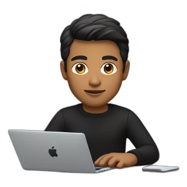     memoji of a man with a laptop in front, apple-style,modern,dark hair,black sweater,computer in hand, srilankan brown skin, sitting on his desk sticker
