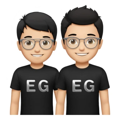 2 boys both wearing black t-shirts with the letters EDG, one wearing silver rectangular glasses, black hair, smiling; the other with black hair smiled brightly sticker