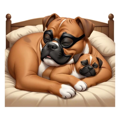 Cinematic Meme-Worthy Chubby Sleeping Boxer dog Portrait Emoji, Head resting peacefully with a contented smile, showcasing a delightfully chubby build and a luxuriously soft fawn coat with a striking black mask, eyes shut in a serene nap, Simplified yet hilariously adorable features, highly detailed, glowing with a soft, drowsy light, high shine, relaxed and utterly lovable, stylized with an air of playful laziness, bright and heartwarming, soft glowing outline, capturing the essence of a comically sleepy Boxer, so meme-worthy it feels like it could instantly become the next viral sensation of adorable slumber! sticker