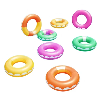 swimming pool surface with multiple inflatable pool floats floating on water, extra colorful float rings scattered across the pool, glossy water reflections, summer vibe, 3D cartoon style, mobile game icon style, clean composition, no people, no text, no watermark

 sticker