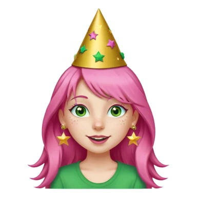 A girl with long pink hair and green eyes with long eyelashes and a happy face. She has freckles and a lit of bit of pink lipstick on her mouth, she’s also got a full gold birthday party hat on her head with gold pom poms on top of it, and her T-shirt is all red, she wore gold star earrings  sticker