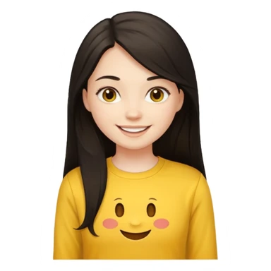 girl on a laptop, long dark hair white skin and yellow shirt long sleeves, smiling sticker