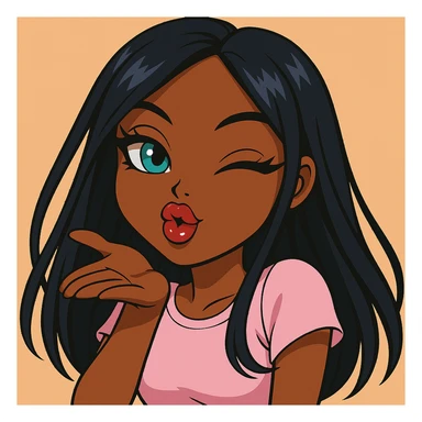 Remove any hats, ensure she is winking while blowing a kiss, headshot only, 20-year-old anime Bratz style woman with dark skin, dark hair, bold colorful fashion-forward look, big expressive eyes, glossy lips, happy expression, no tears. Style: anime Bratz. sticker