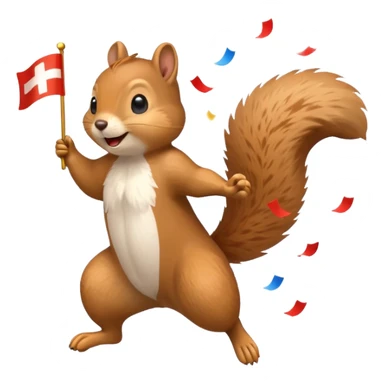 squirrel jumping with a Swiss flag, lots of confetti, emoji style sticker