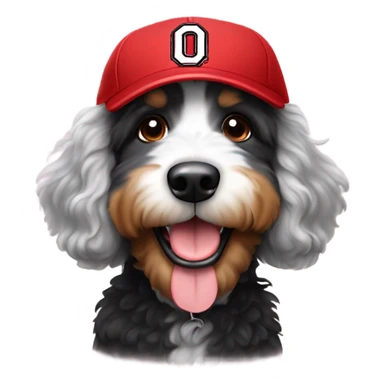 Bernedoodle with Ohio state baseball cap sticker