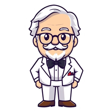 Colonel Sanders KFC, old man with white hair, white goatee, black bow tie, white suit, glasses sticker