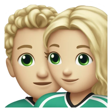 A hockey boy and a figure skating girl hugging the girl has blond hair and blue eyes the boy has black hair with green eyes  sticker