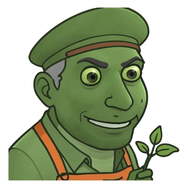 A gardener in protective suit and mask spraying a tree with a sprayer, performing chemical pest control. Bright green garden with trees, visible spray droplets, atmosphere of professional plant protection and garden care sticker