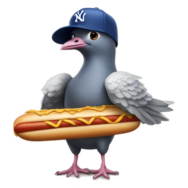 pigeon wearing a blue New York yankee hat while standing on top of a hotdog sticker