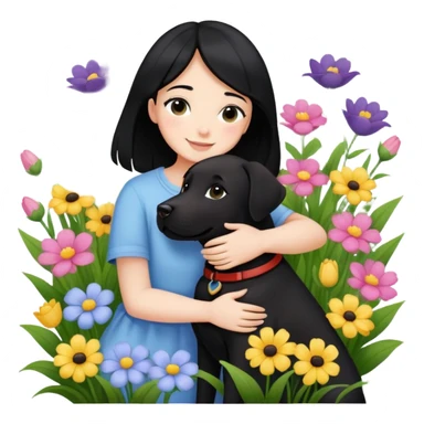 A black-haired girl happily hugs a black Labrador in the flowers sticker
