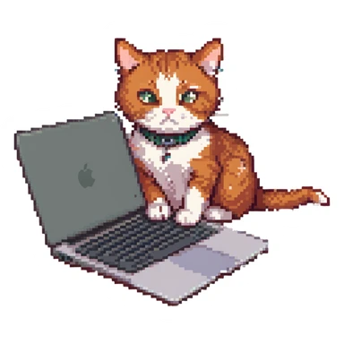 redhead cat typing intensely on a MacBook, determined expression, playful, pixel art style sticker