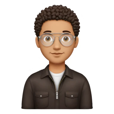 Latino man with oval face, clear lens aviator glasses with metal frames, bald sides with curly hair on top, friendly expression, brown skin, black shirt sticker