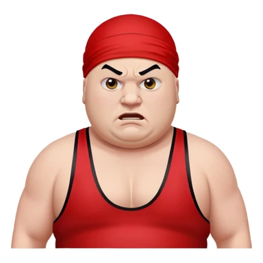 Close-up of white skin fat guy with prominent black durag, completely shaved face, no beard or mustache, black eyes in a red and black wrestling singlet with angry face sticker