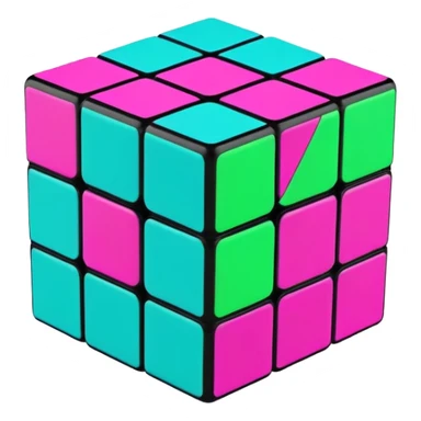 A 3x3 Rubik's Cube in mid-turn, showing movement, with vibrant 90s American colors like neon green, purple, turquoise and hot pink sticker