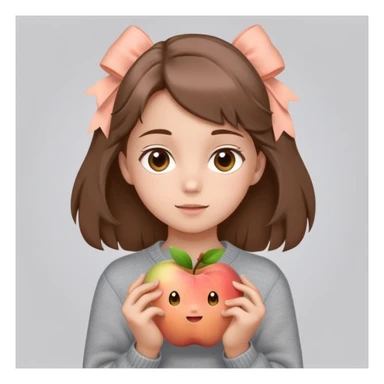 kind girl 12 yrs, brown hair and eyes,headshot, EEAB75 skin tone, comfy everyday clothes, Apple genmojji style, peach bow on grey sweater, and with a playful expression, and hair to shoulders, and as a headshot please  sticker