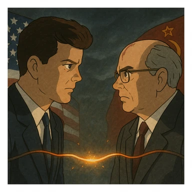 realistic illustration of John F. Kennedy and Mikhail Gorbachev facing each other, a glowing hot wire connecting them, US and Russian flags, tense Cold War atmosphere sticker