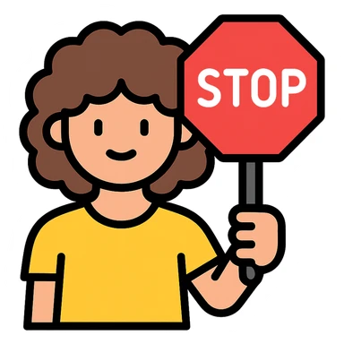 brunette person with curly hair holding a stop sign, color outline icon sticker