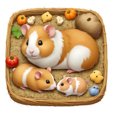 Icon for Hamster and Guinea Pig: A cute, colorful collage with a fluffy hamster and a chubby guinea pig munching on some hay. Soft, playful background with tiny food pellets and a cozy bedding area. Transparent background. sticker