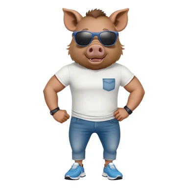 friendly anthropomorphised boar in jeans and a t-shirt, wearing dark sunglasses, jogging upright, standard pose sticker