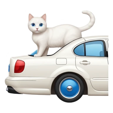 Please create a small emoji the size of 🚗 featuring a pure white cat with stubby tail with blue eyes on a white saloon car viewed from side. Again it is necessary that the emoji must be extremely small, much smaller than a standard sized sticker. sticker