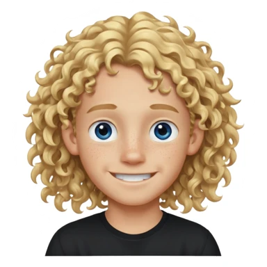 blonde boy with long curly hair past his ears, smiling, wearing a black shirt with freckles and blue eyes sticker