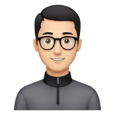 Caucasian man with black hair cut extremely short (almost buzz cut), short beard with gray streaks, large black eyeglasses, cheerful expression, black long sleeve shirt with quarter zip collar sticker