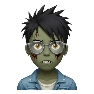 Boy, zombie, black hair, medium long, spiky hair, emo, shaggy, dark, spooky, creepy expression emoji, add transparent glasses, a risk on the eyebrow, some tattos sticker