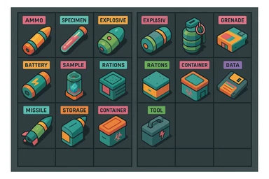 a virtual display, a gray grid with darker gray cells, each cell containing an item viewed in isometric minimalism render The cells have pastel neon colored labels in their upper corner, indicating various traits of the items. retrofuturism, circa 2880's.
The items are scientific and military in nature - varieties of munitions, scientific samples, rations, data storage, utilities. There are two arrays of grids, one left, one right. Each array has a few empty spaces at the bottom. "graphic realism." brutalism. the items are adorned in a combination of  bright colors, neon-safety, early 90's pallet, with muted gray tones in EVEN BALANCE. sticker