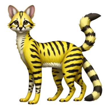 Lanky slender beautiful elegant spotted hype-realistic, black-maned, vibrant yellow Genet-Serval-Sergal-Civet-fusion-hybrid-furry-fursona, full body, with a long puffy fluffy black-and-white-striped tail sticker