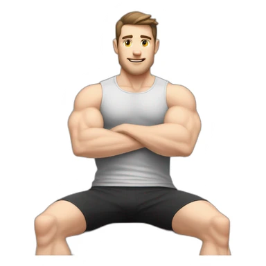 Pale skinned Fit Man With the biceps and dark brown hair in black shirt, gray sports shorts and white Sneakers Sitting on a chair sticker