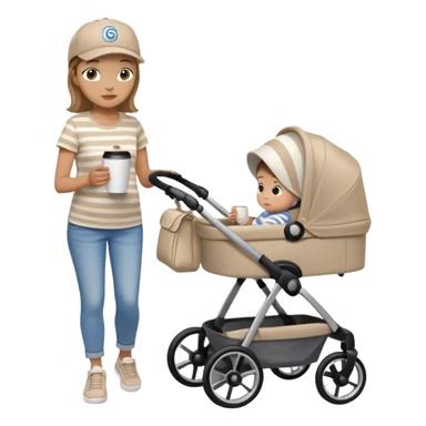 A mom with a brown stroller, a coffee cup attached to it. Inside, a 6-month-old baby boy with light brown hair and blue eyes. The mom is wearing a beige T-shirt and a matching beige cap. The baby is dressed in white sneakers, a white and blue striped T-shirt, and jeans sticker