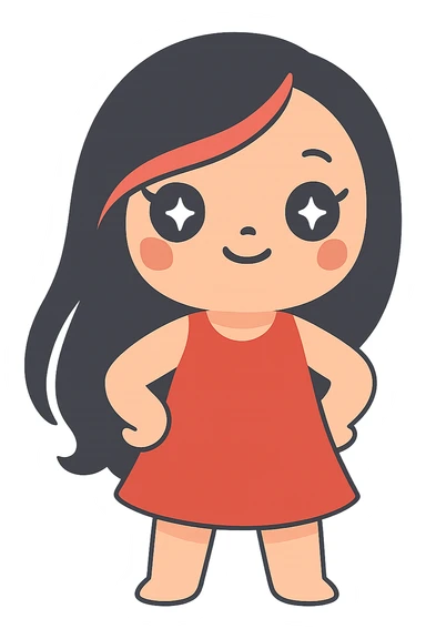 Add a red dress, remove ears, keep long black and red hair, keep the original style, no background. sticker